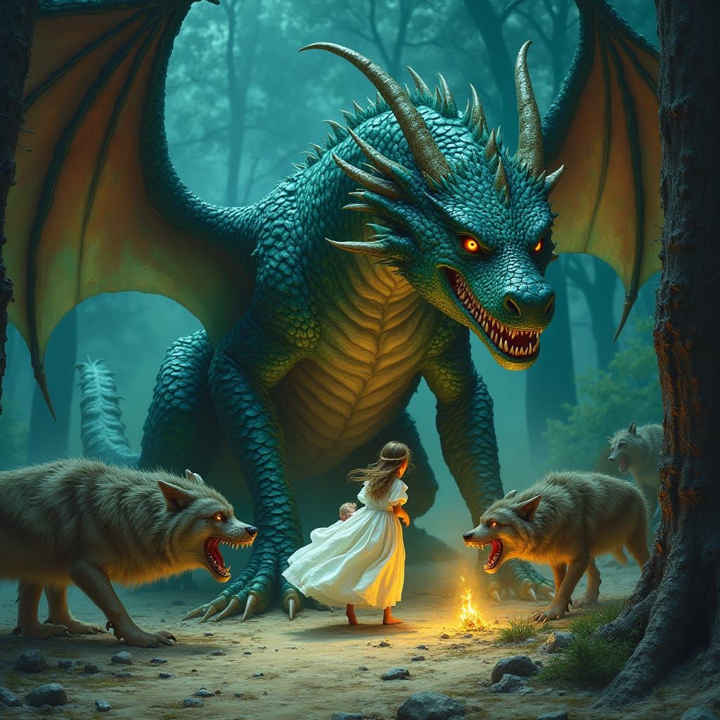 Dragon Protects Innocent Maiden from Fierce Wolves