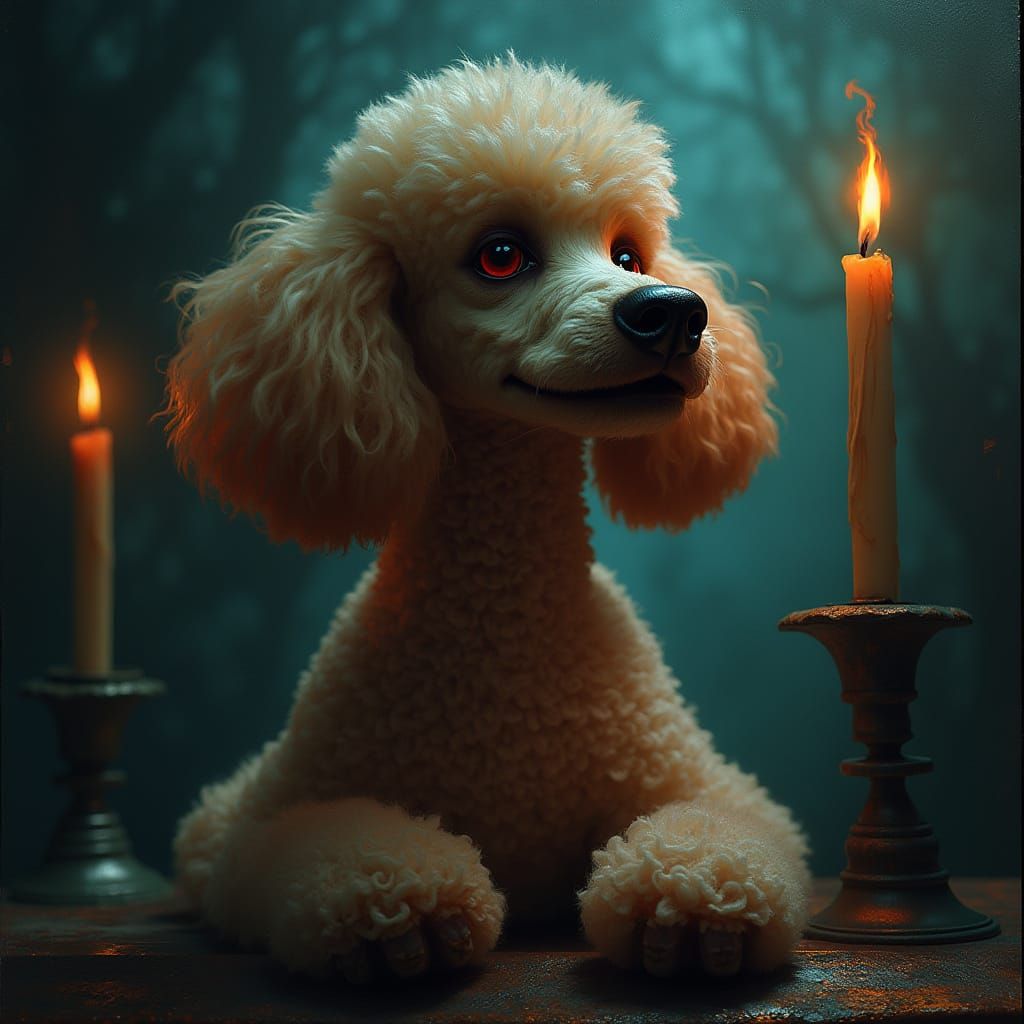 Dark Demon Poodle in Haunting Candlelit Landscape