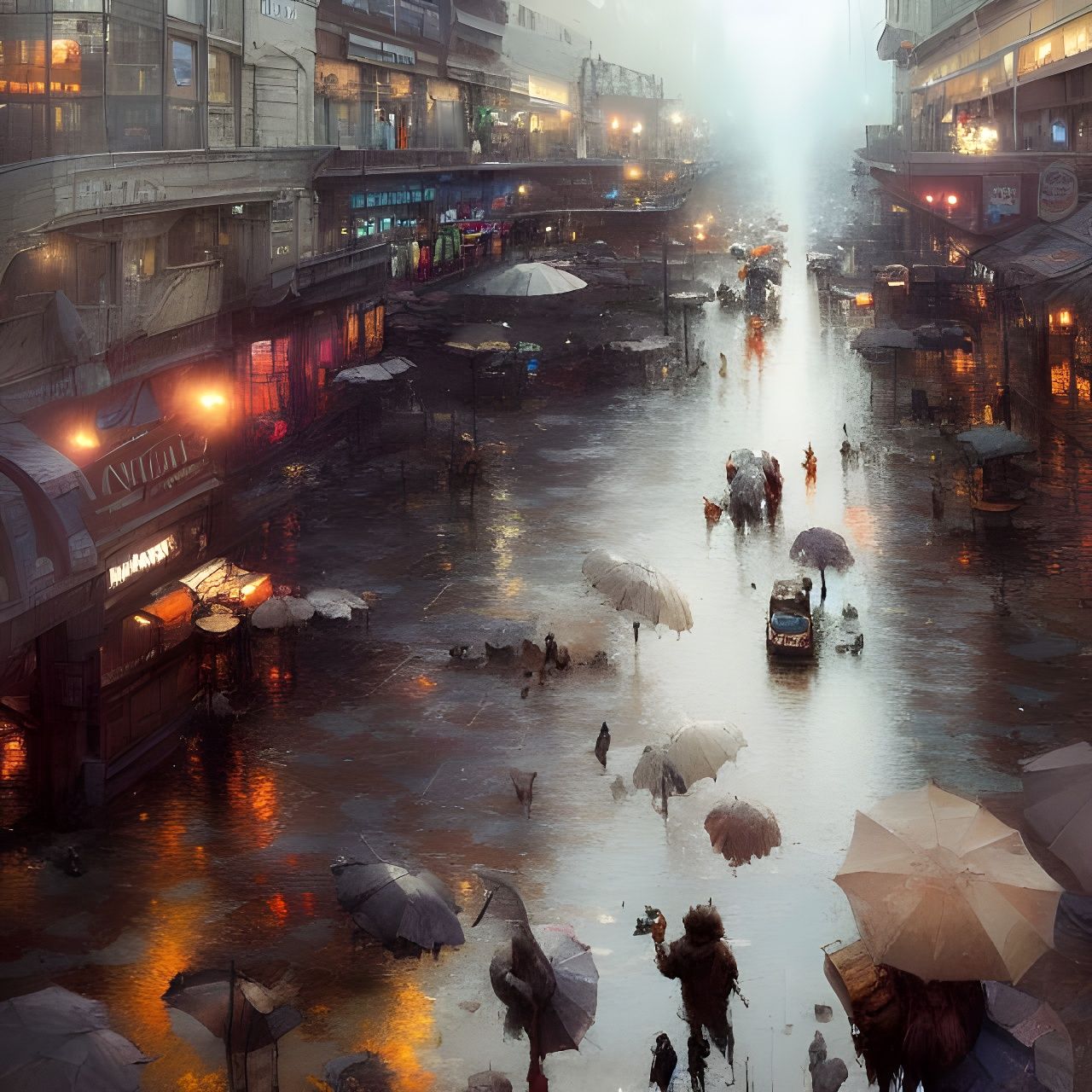 Lively Town Square After Rain: Hyperdetailed Digital Art