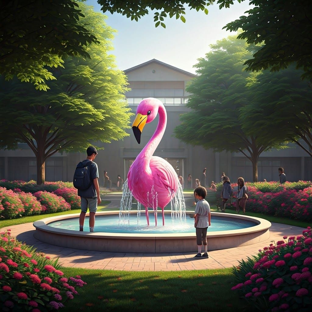 Flamingo Fountain in School Garden, Hyper-Detailed 16K Image