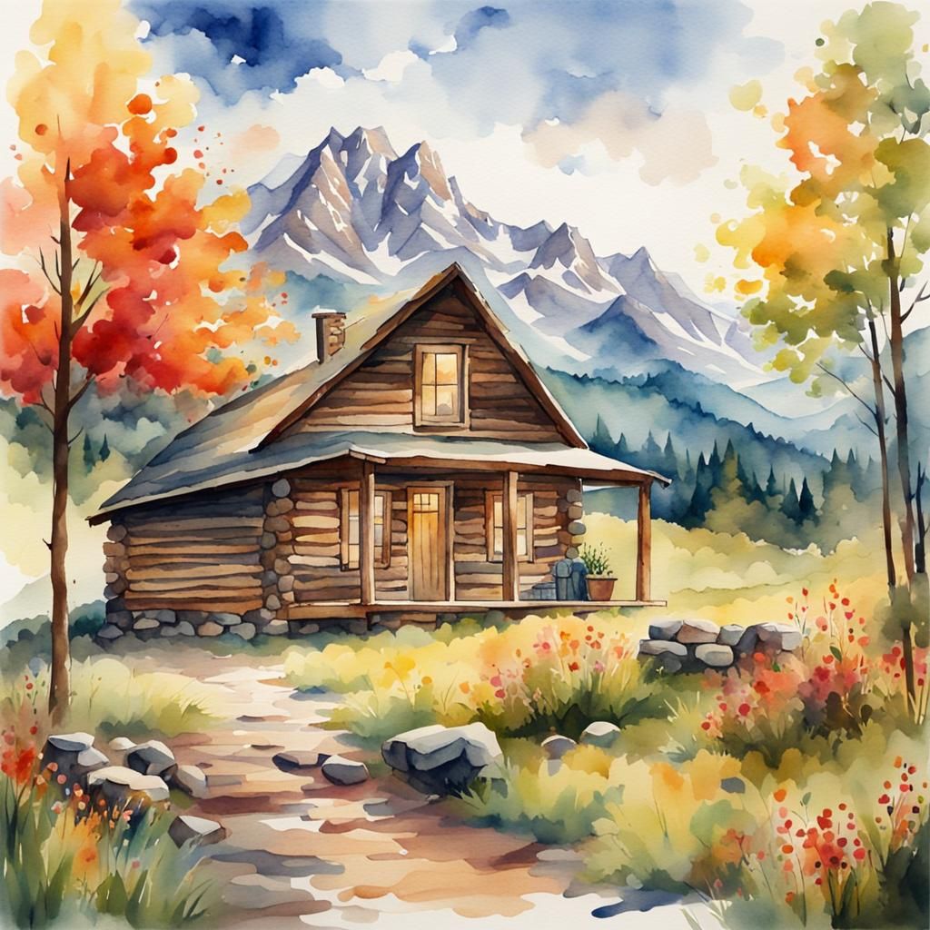 Mountain Cabin with Watercolor View
