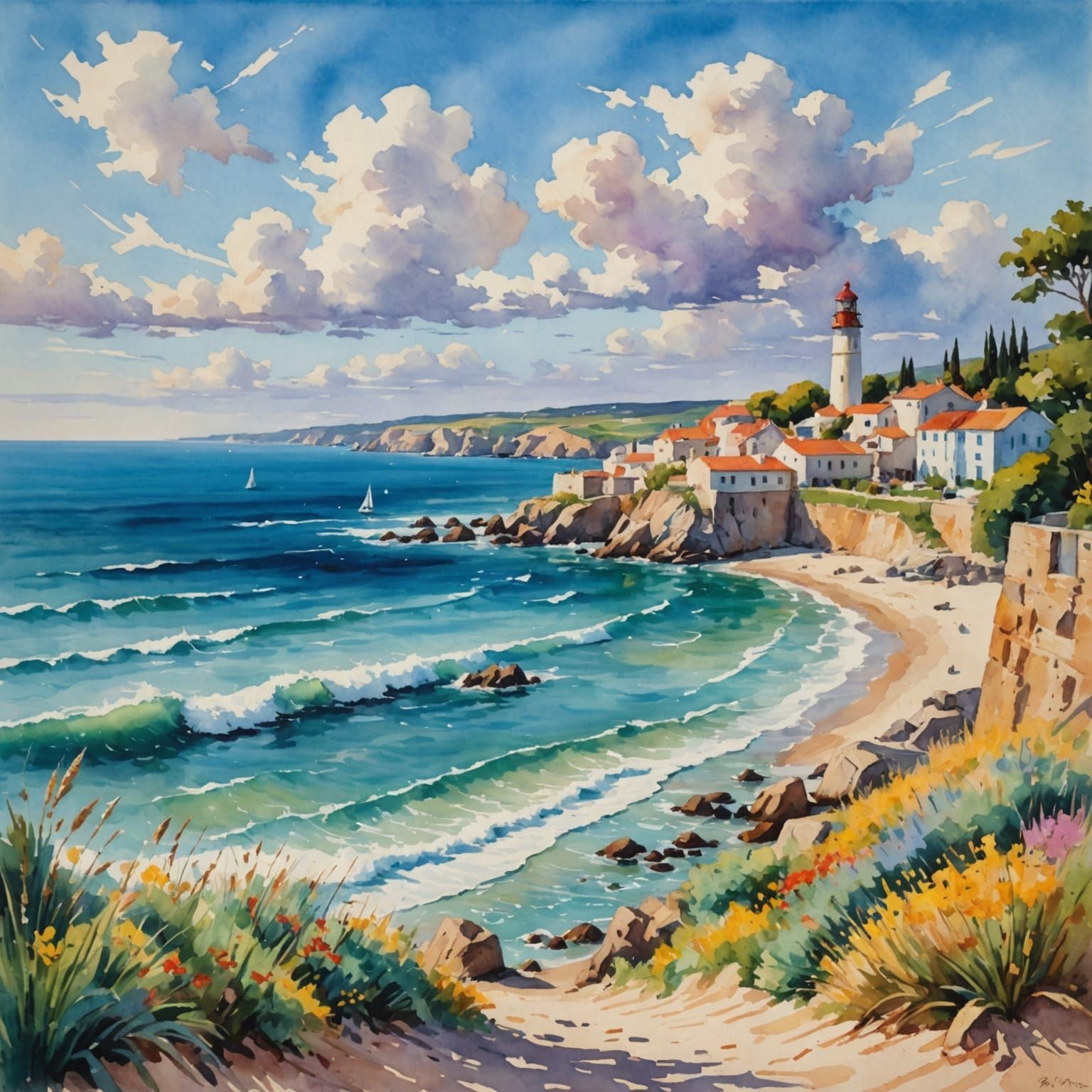 Epic Seaside Masterpiece in Gouache Style