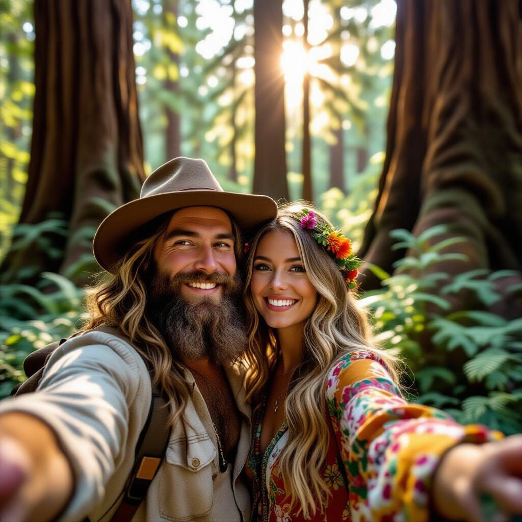 Romantic Couple Selfie with Bigfoot in Redwood Forest