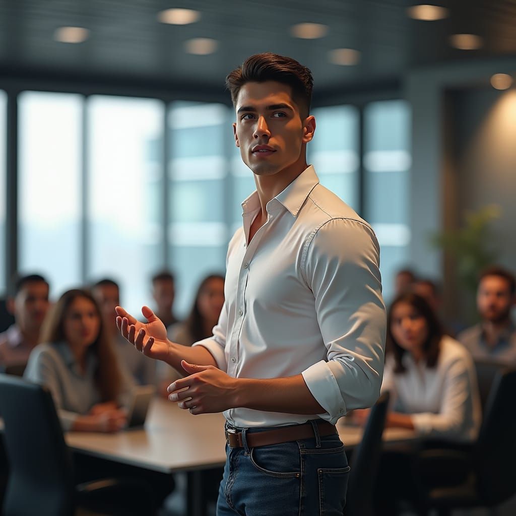 Confident Young Man Giving Presentation in Conference Room