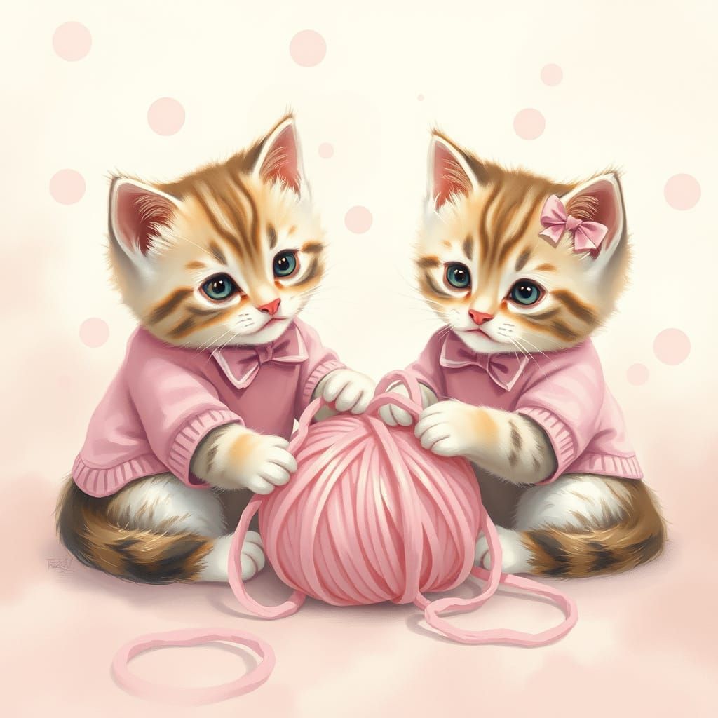 Kittens in Pink Sweaters Play With Yarn