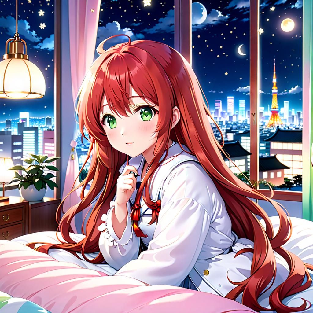 Anime Girl in Tokyo Bedroom: Ghibli-Inspired Illustration