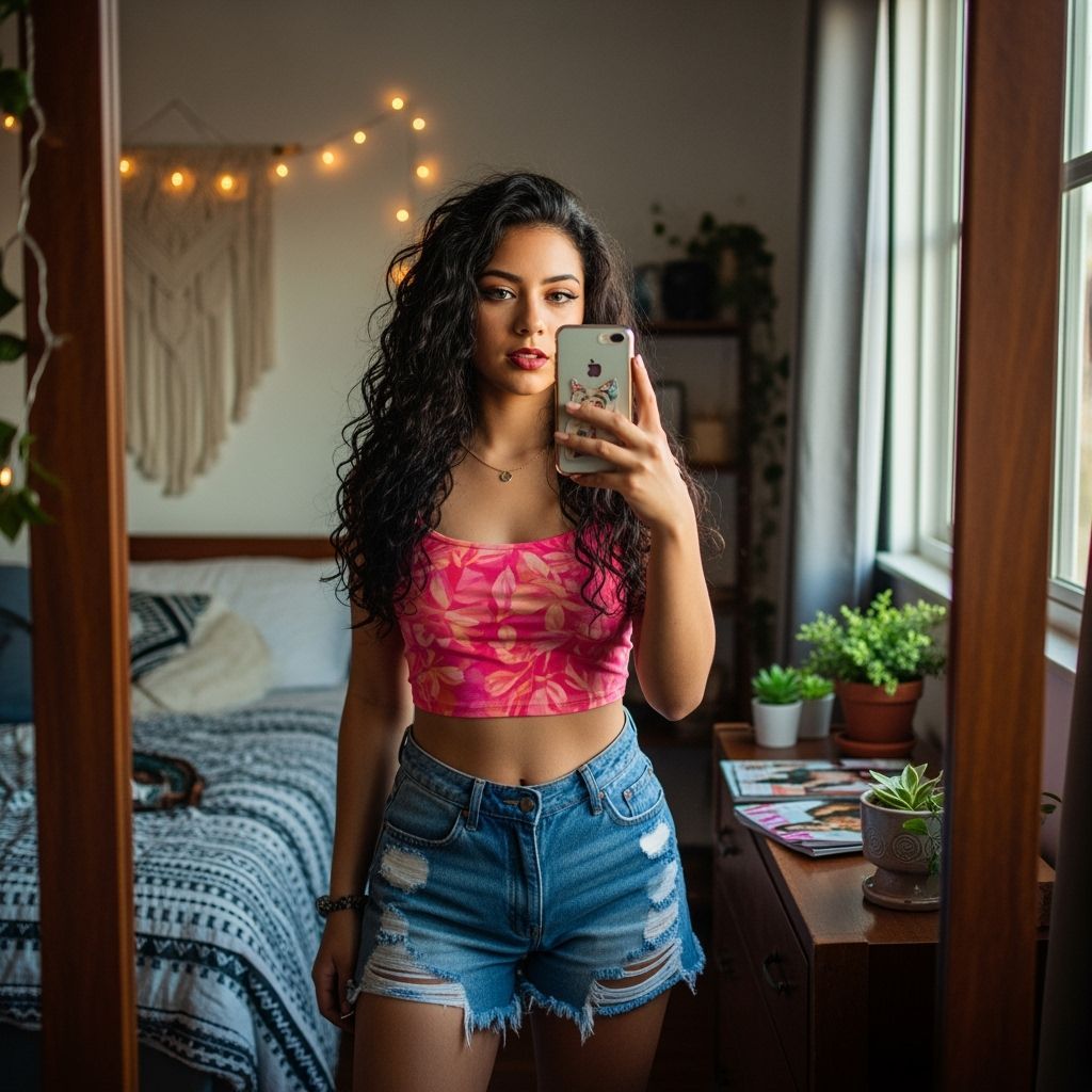 Latina Woman's Mirror Selfie in Photorealistic Style