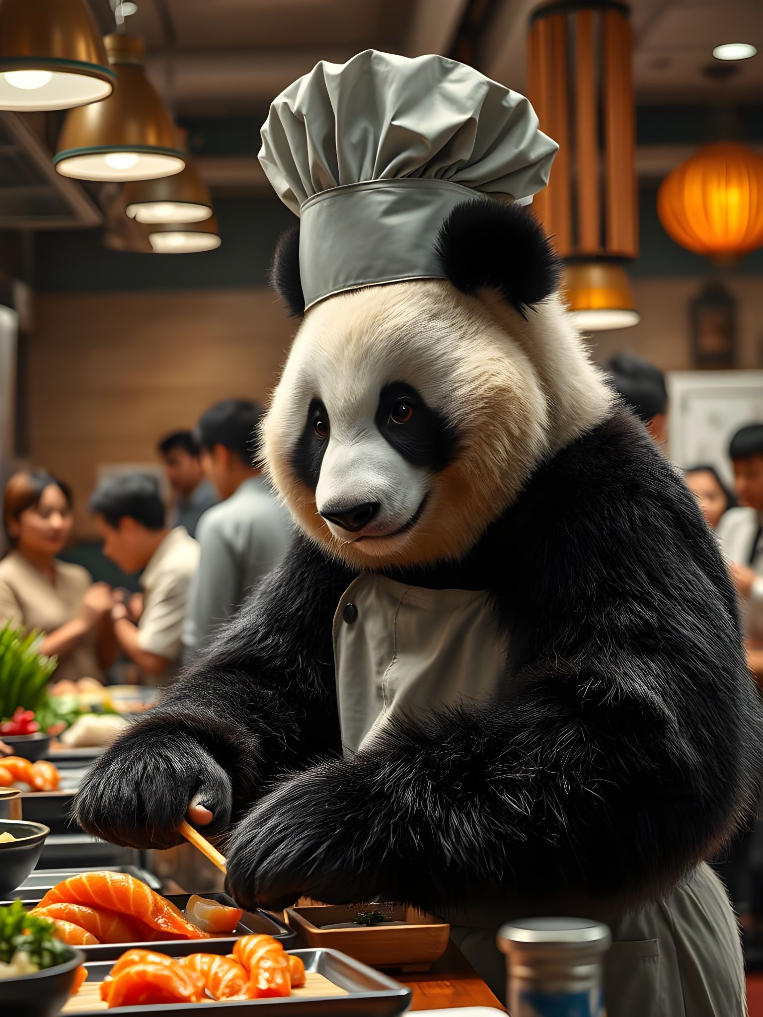 Panda Chef Prepares Sushi in Bustling Restaurant