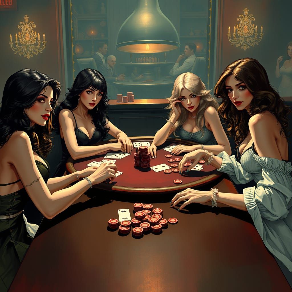 Sultry Women Engage in High-Stakes Poker in a Vibrant, Futur...