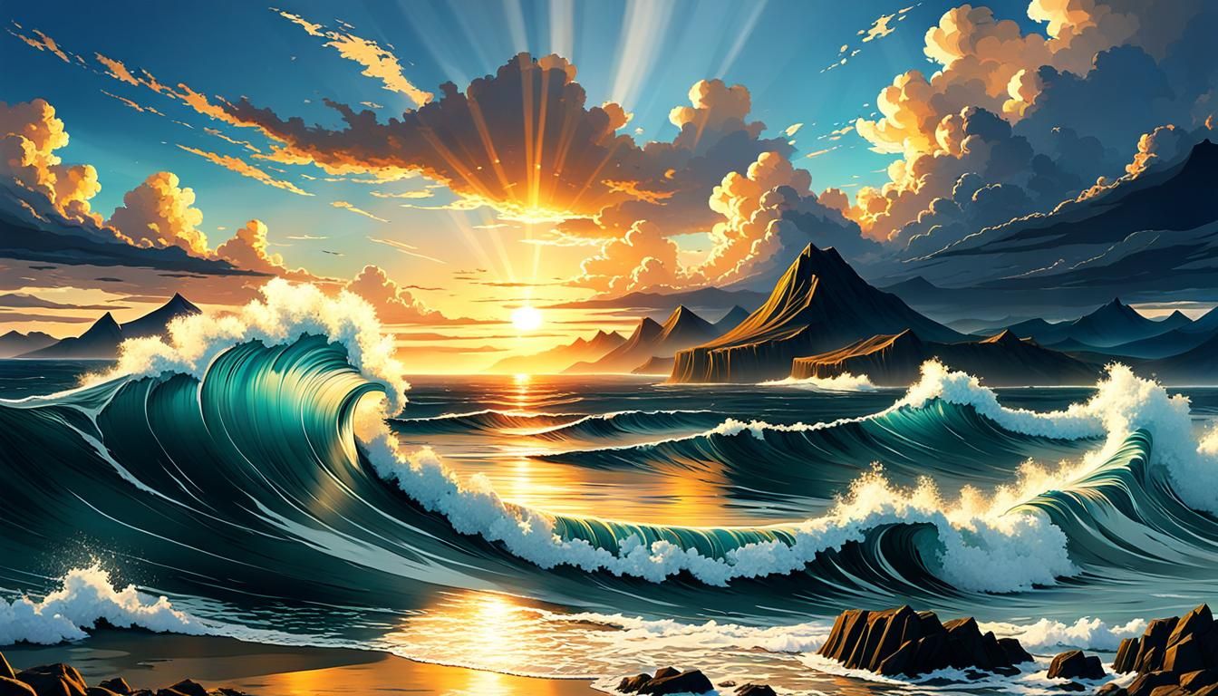 Anime Seascape with Crashing Waves at Golden Hour