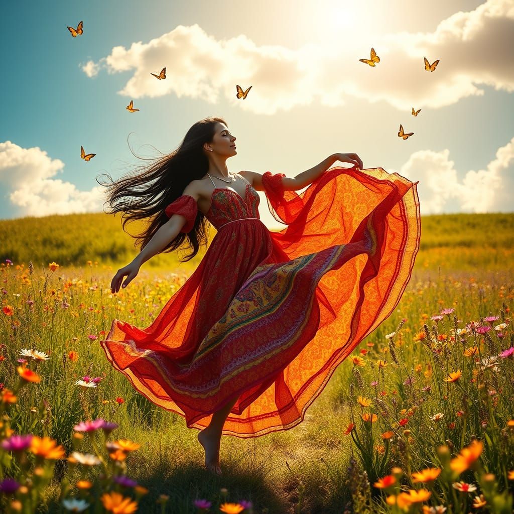 Gypsy Woman Dances in Whimsical Meadow Scene