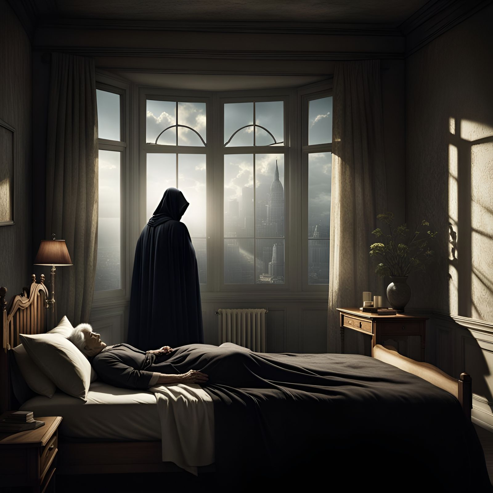 Smiling Woman with Grim Reaper Shadow