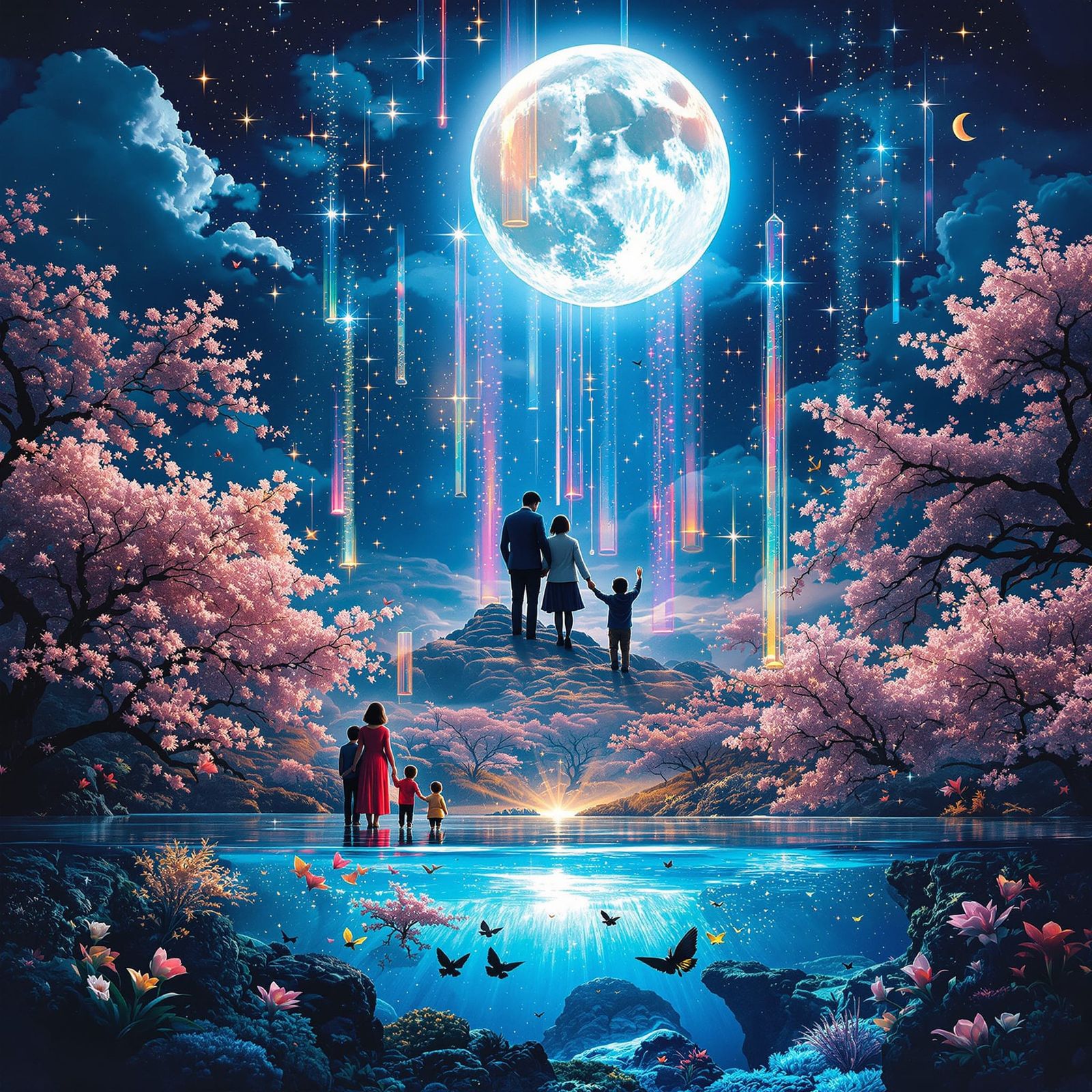 Family Under Moonlit Blossoms and Prisms in Digital Matte Pa...
