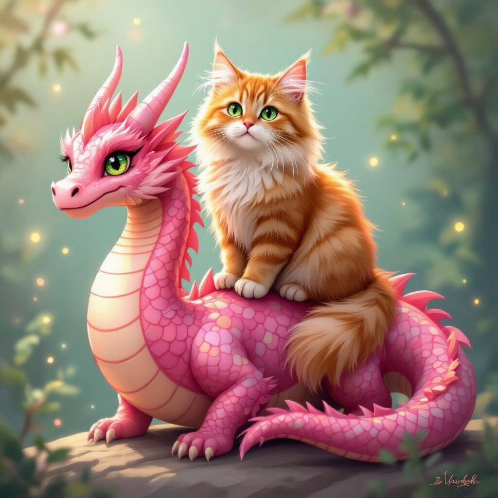 Fluffy Cat on Pink Dragon in Storybook Style