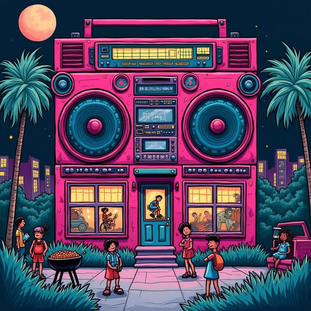 Boombox Apartment in a Surreal Neon Landscape