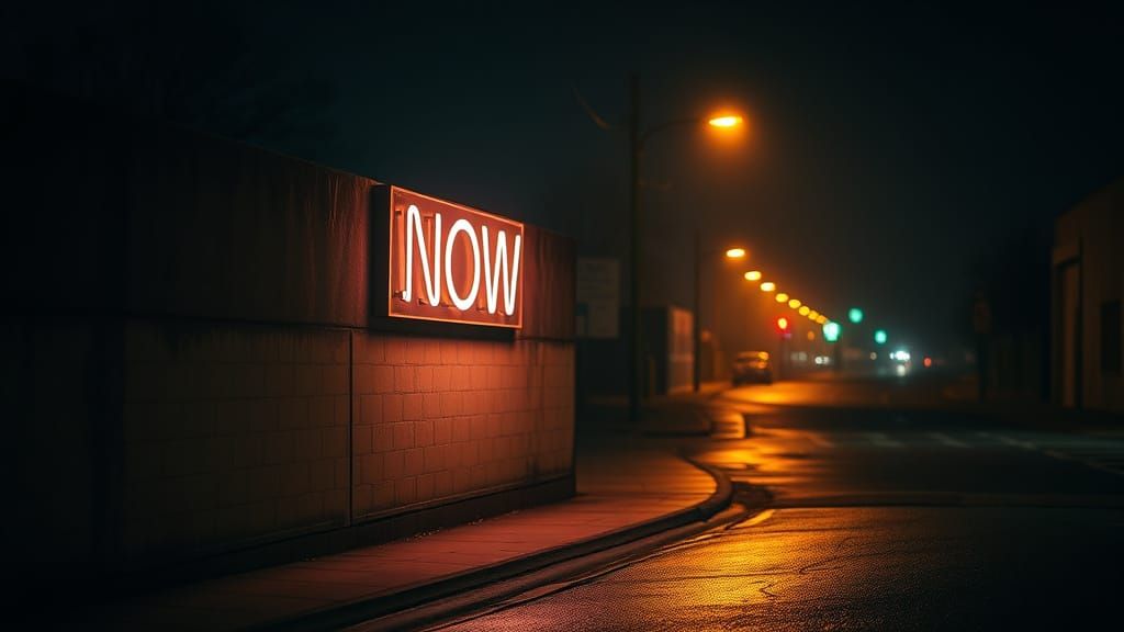 Neon "NOW" Sign on Wet Street at Night