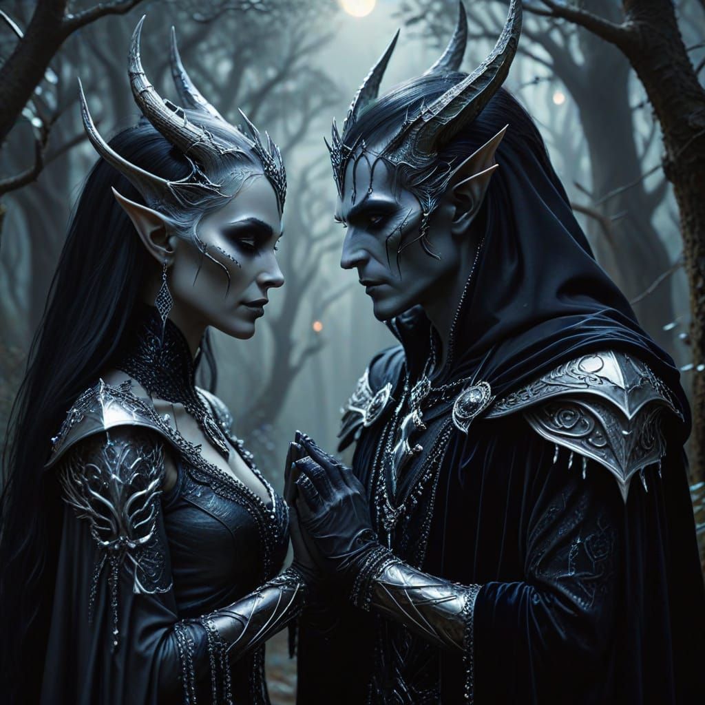 Dark Elves Exchange Vows in a Gothic Forest Sanctuary