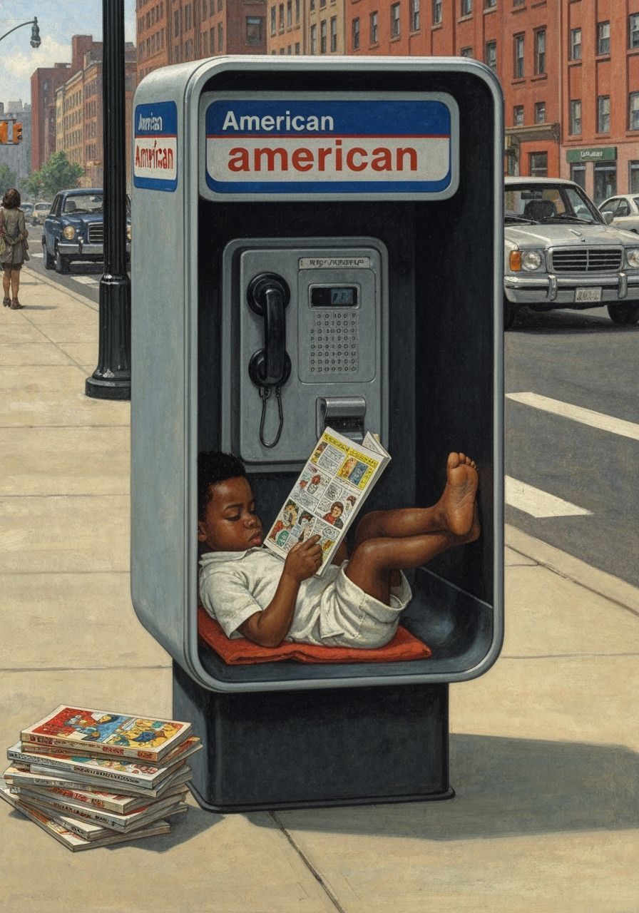 Boy Reading Comic in Payphone Booth: Rockwell Style