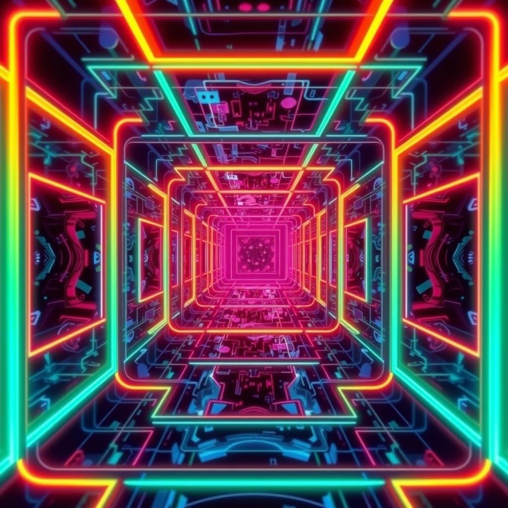 Surrealist Geometric Grid in Neon Cyberpunk Style