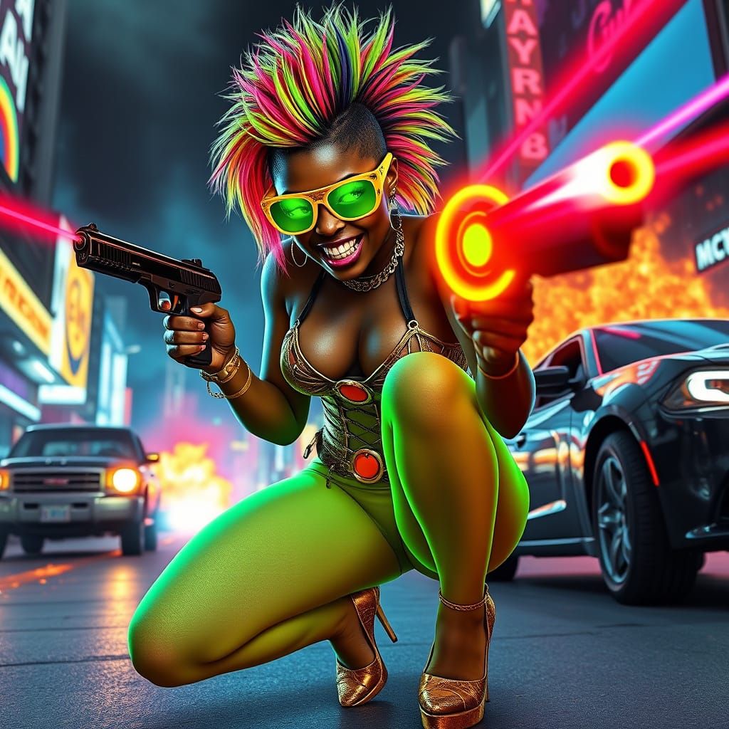 Cyberpunk Trans Woman in Neon Green Shooting Pistols