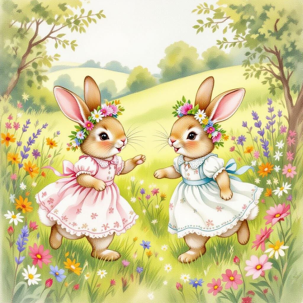 Whimsical Bunnies Playing in Watercolor Style