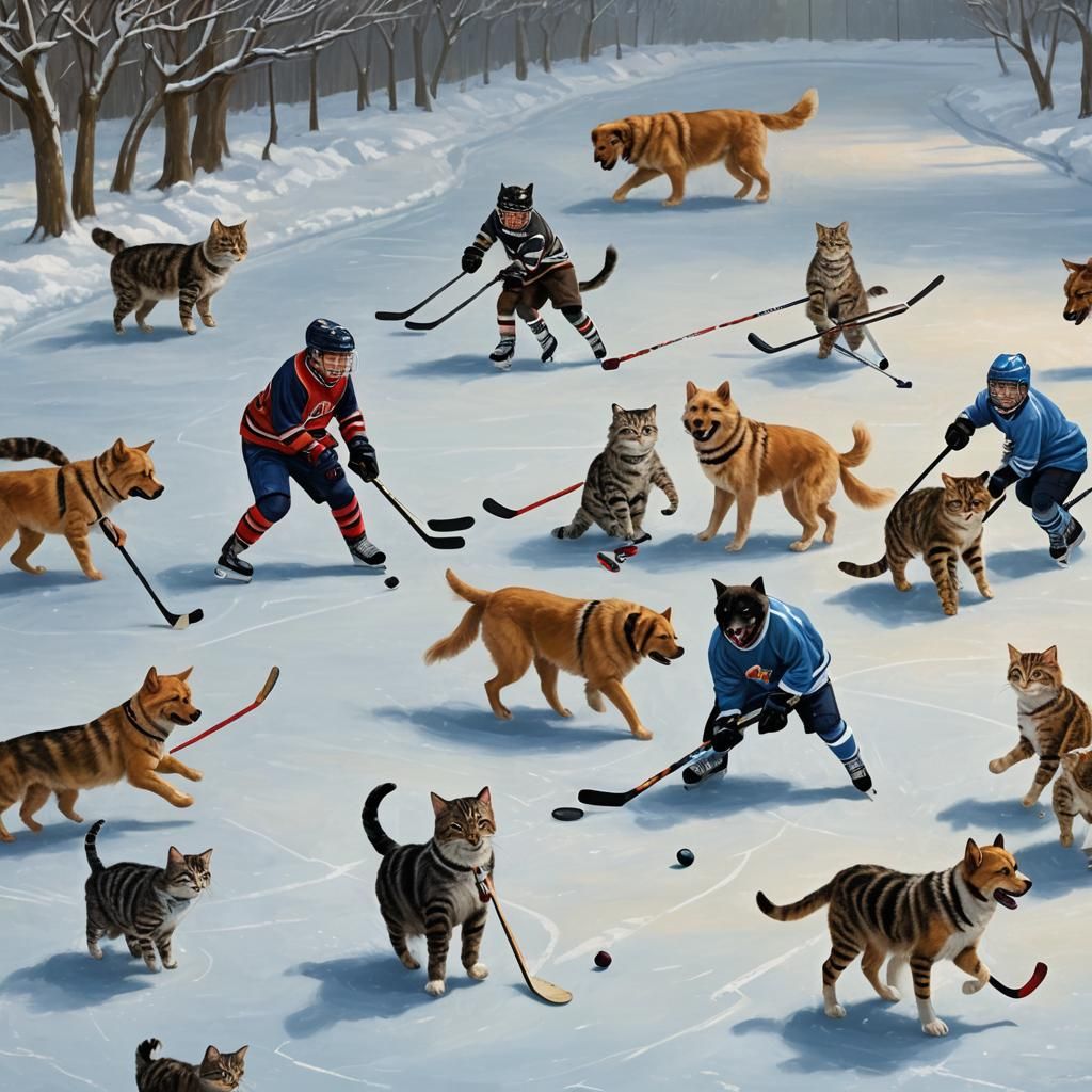 Dogs and Cats Play Hockey in Winter