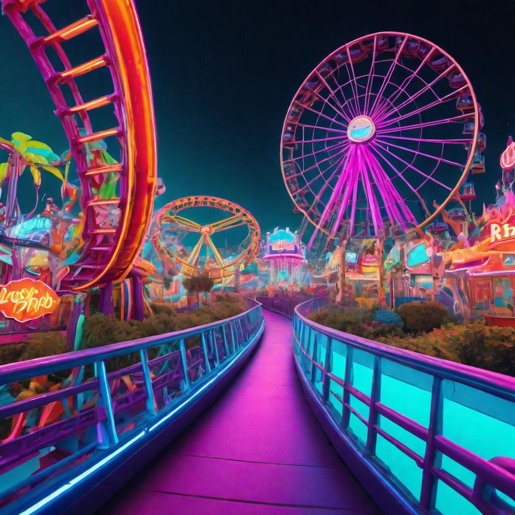 Hypermaximalist Neon Theme Park at Night