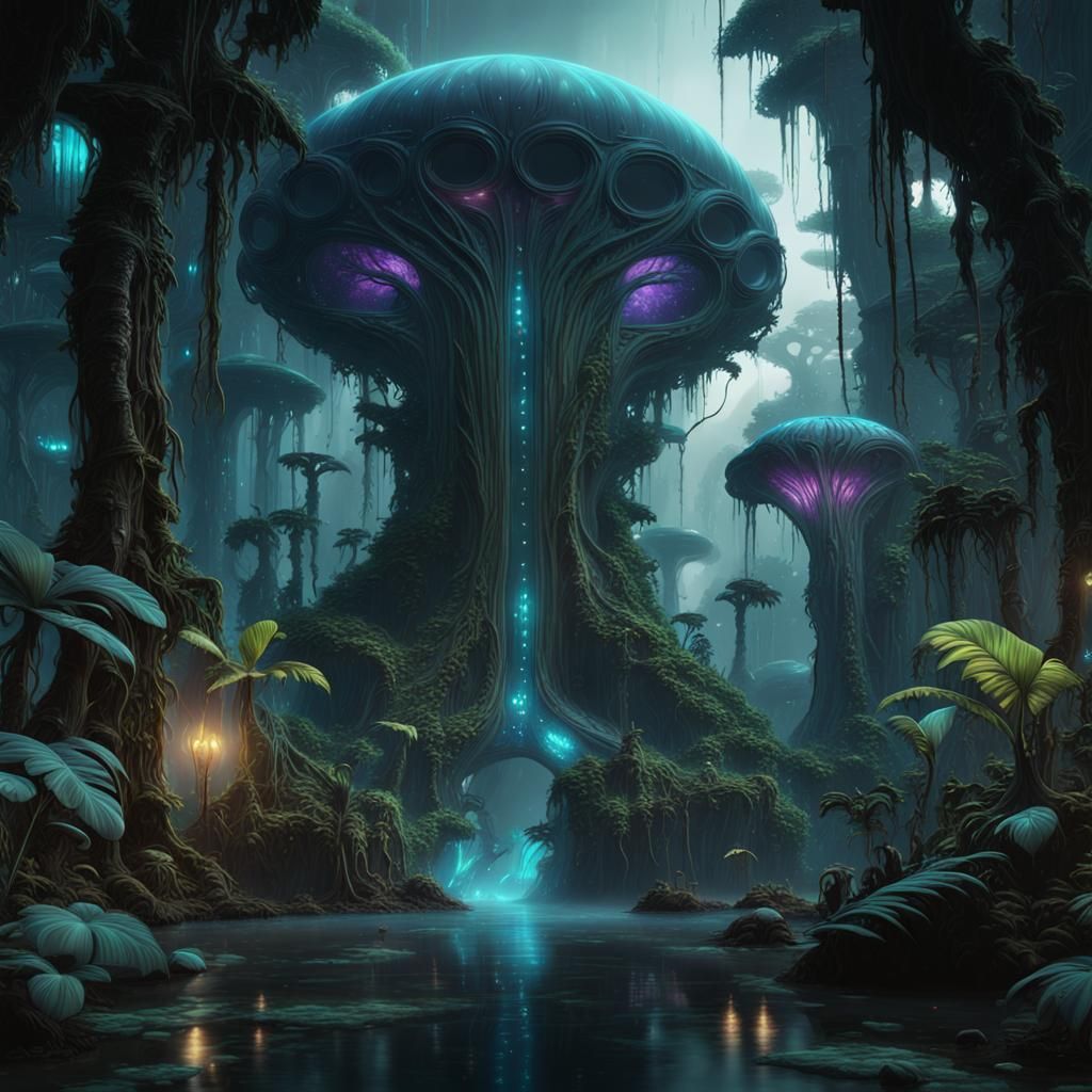 Bioluminescent Alien Rainforest: Detailed Matte Painting