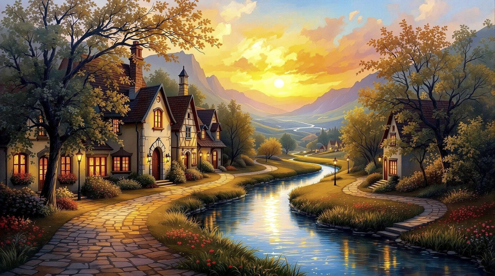 Dreamy Sunrise Village in Impressionist Oil Painting