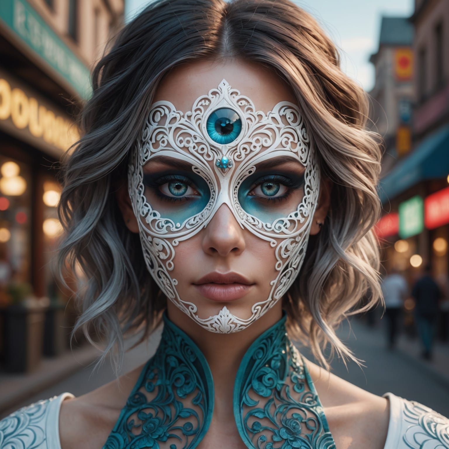 Woman in Porcelain Mask Reflecting Futuristic City