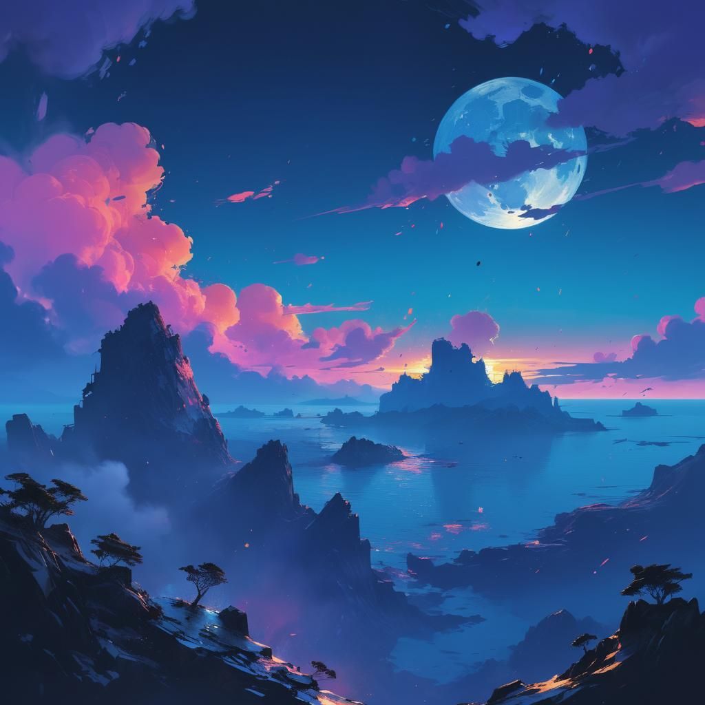 Splatter Ink Sunset Seascape in Digital Art Style