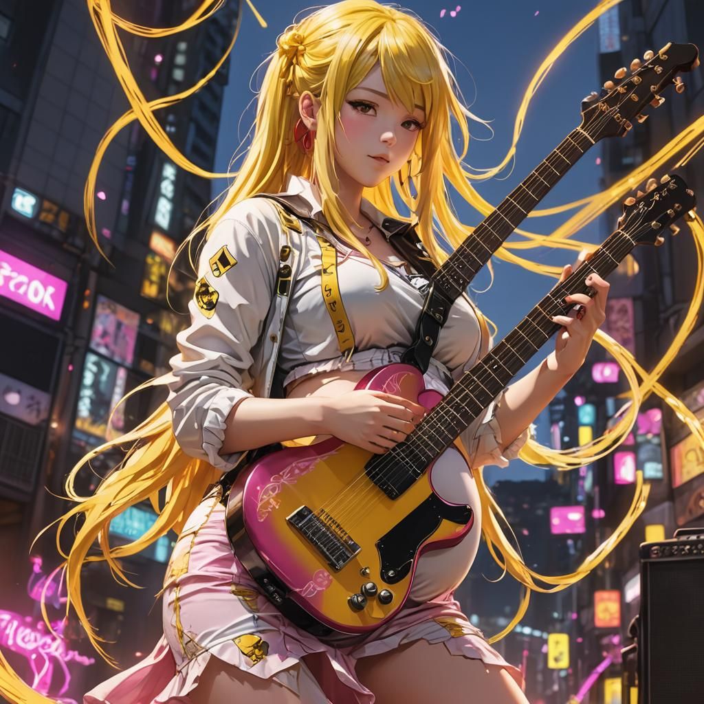 Pregnant Anime Musician with Glowing Guitar
