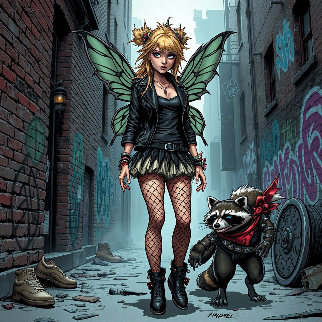 Punk Fairy Princess and Urban Raccoon in Comic Style