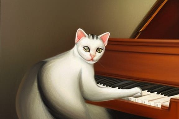 Realistic Oil Painting of Cat Playing Piano
