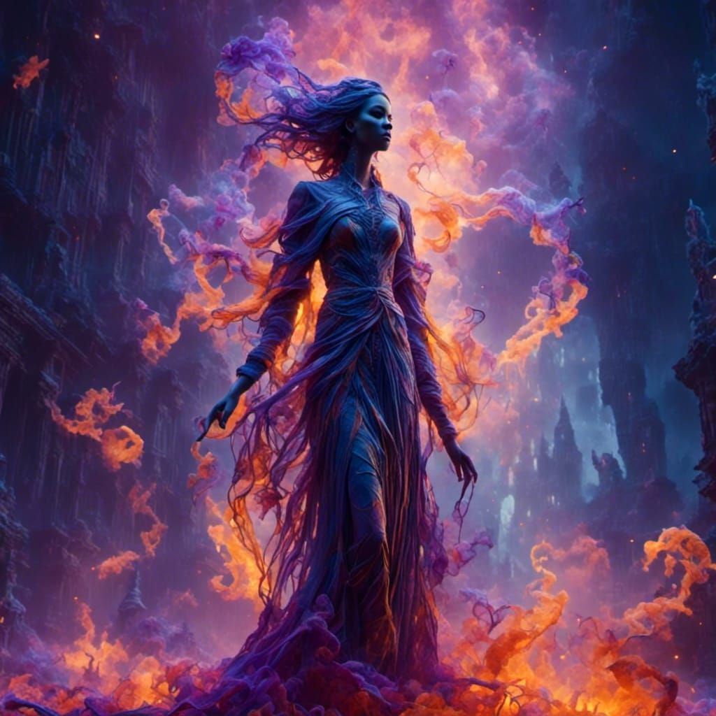 Neon Origami Goddess in Psychedelic Horror Style