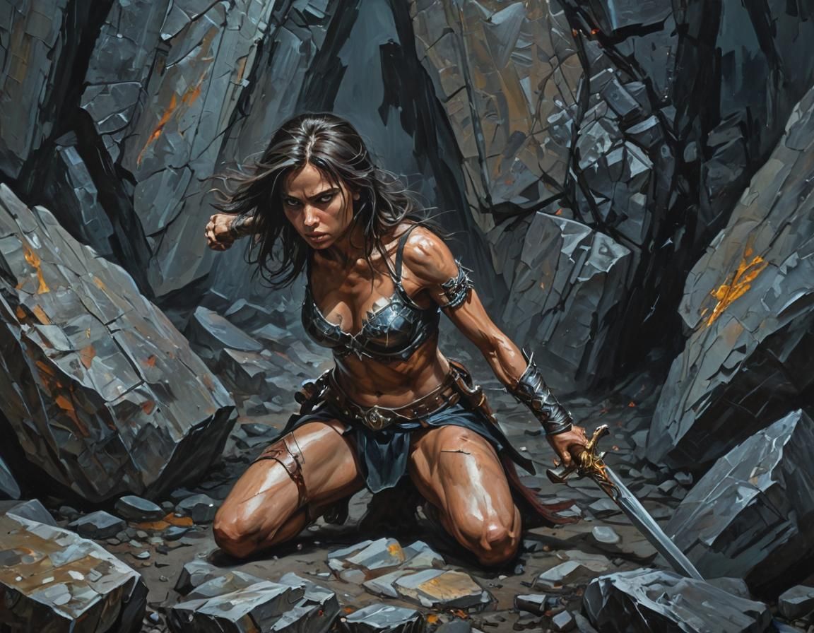 Fierce Warrior Woman in Neo-Expressionist Oil Painting