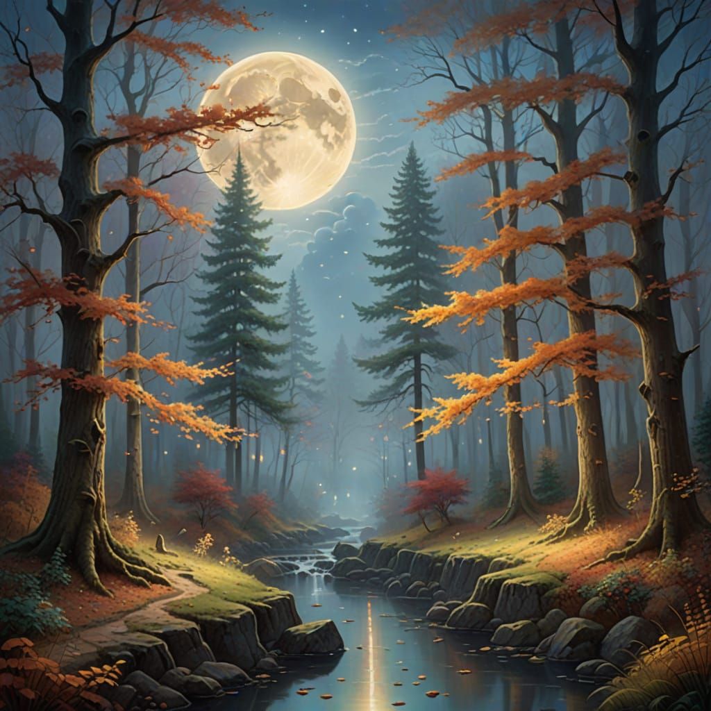 Ethereal Autumn Full Moon in Misty Forest
