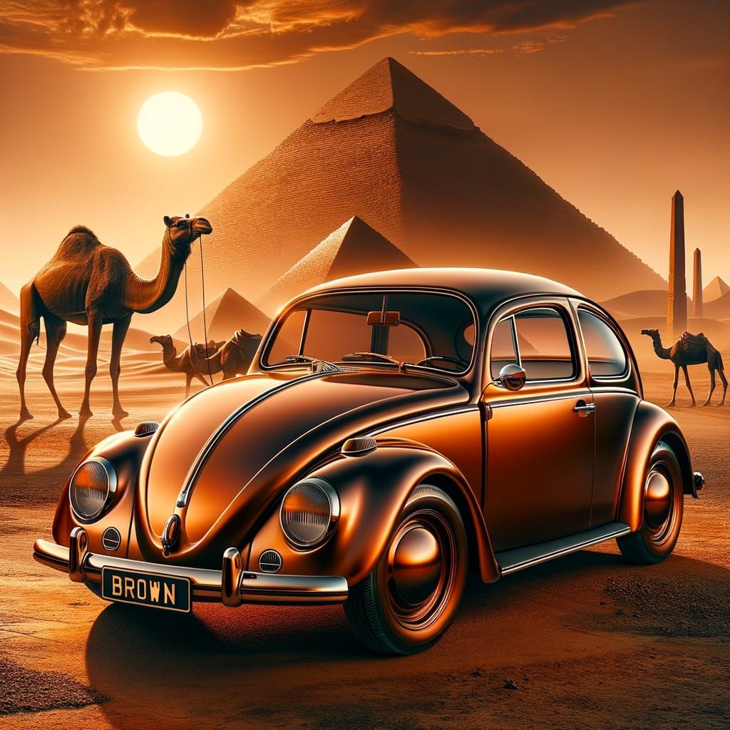 Metallic Brown VW Bug in Desert Sunset