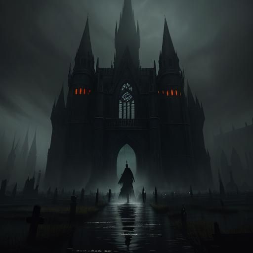 Specter in Flooded Cemetery: Dark Fantasy Illustration