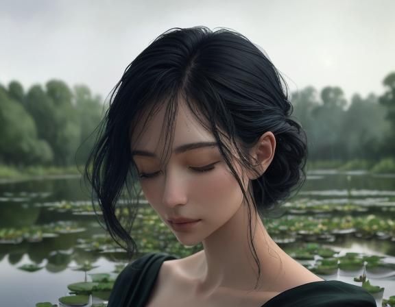 Impressionistic Landscape: Person Drinking at Blackwater Pon...