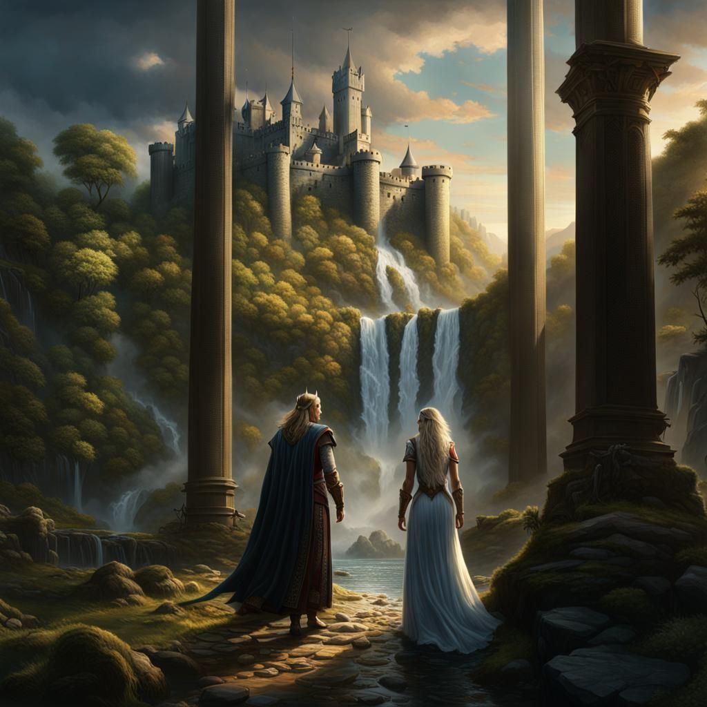 Fantasy Scene with Wolf, Women, and Castle