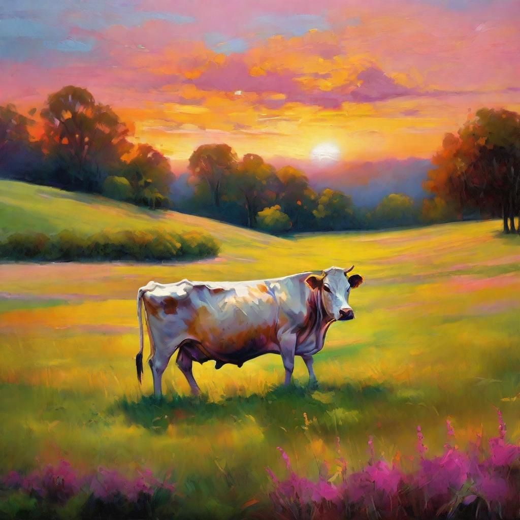 Cow Grazing in Elysian Fields: A Triadic Oil Painting