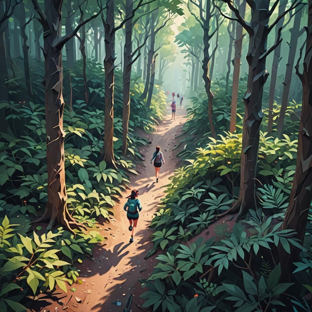 Isometric Woman Running Through Lush Forest