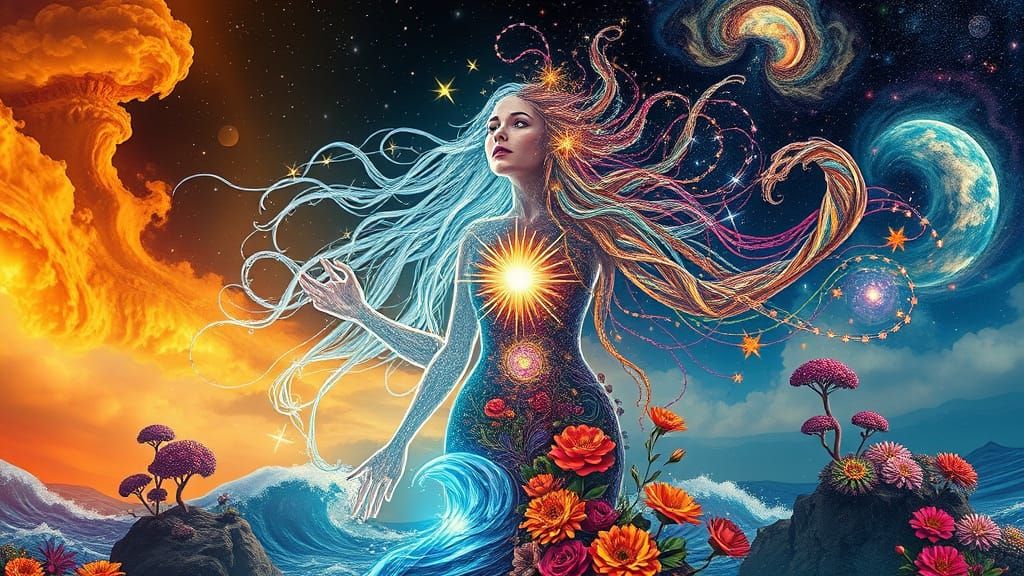 Ethereal Wild Woman Emerges in Dreamlike Duality