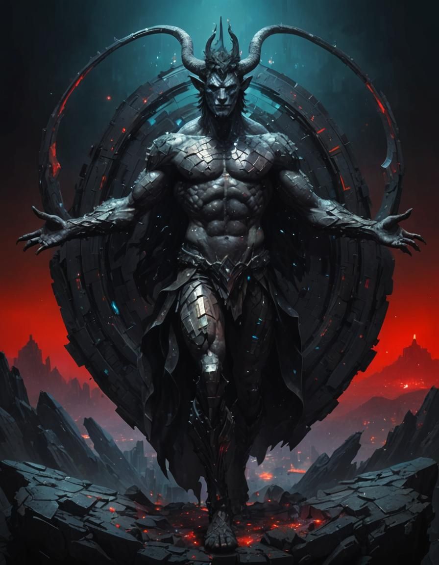 Pixelated Satyr in Surrealist Cyberpunk Landscape