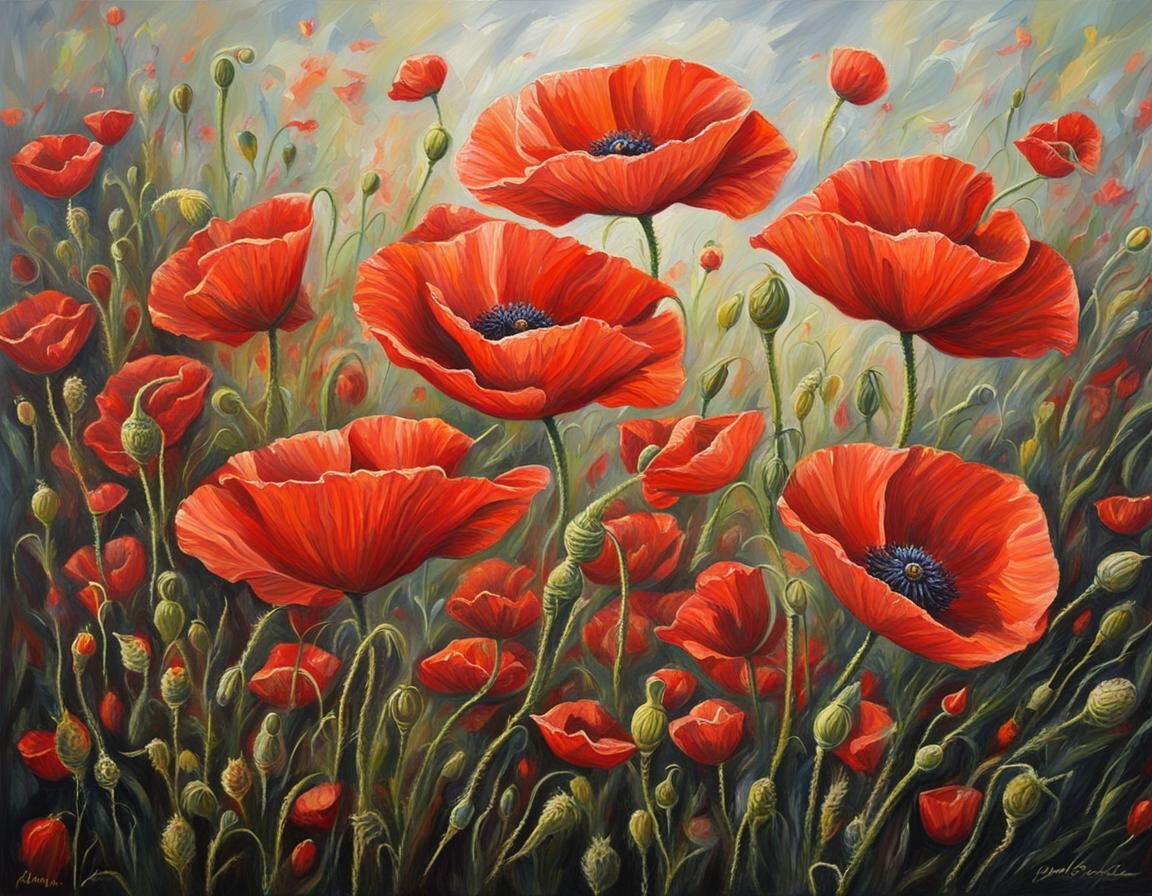 Hyperdetailed Oil Painting of Poppies