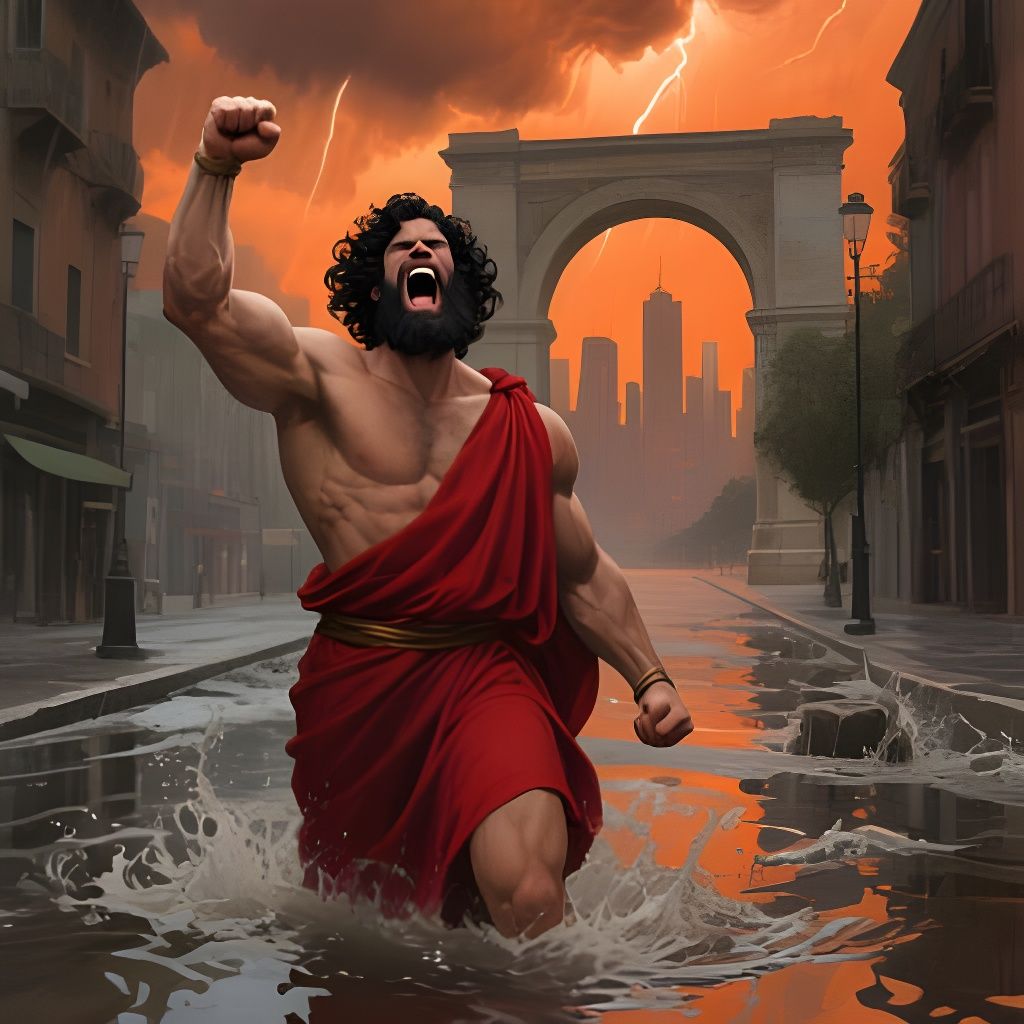 Powerful Man in Toga Amidst Flooded City