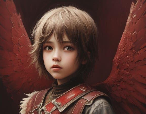 Crimson Angel Portrait in Grunge Oil Painting Style