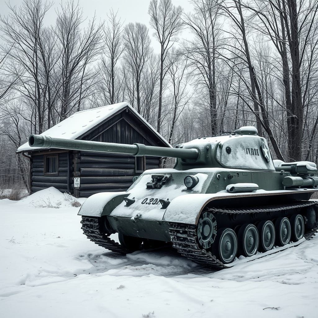 Soviet Tank in Winter: Hyperrealistic Gray-Scale Scene