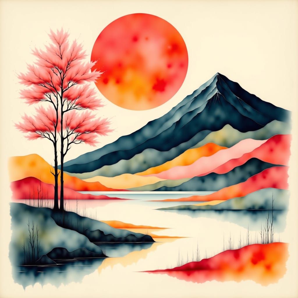 Minimalist Japanese Landscape in Bold Geometric Style